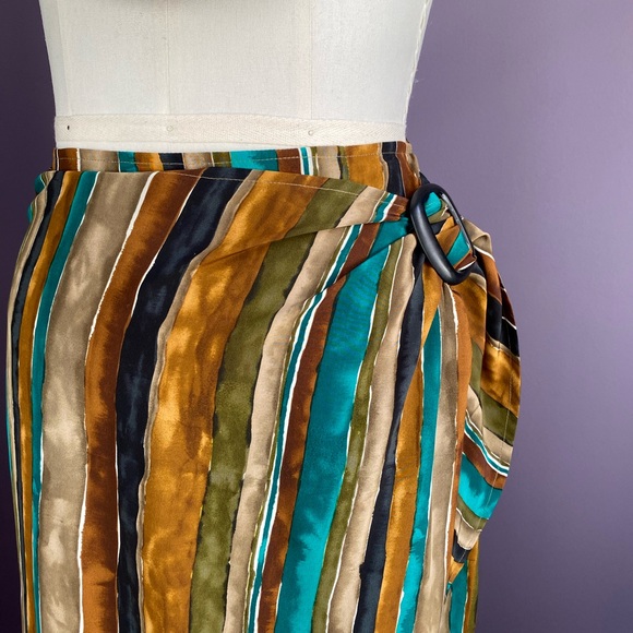 Vintage 90s Express Brown Green Umber Tan Western Stripe Wrap Skirt Pure Silk 9 - Picture 5 of 7